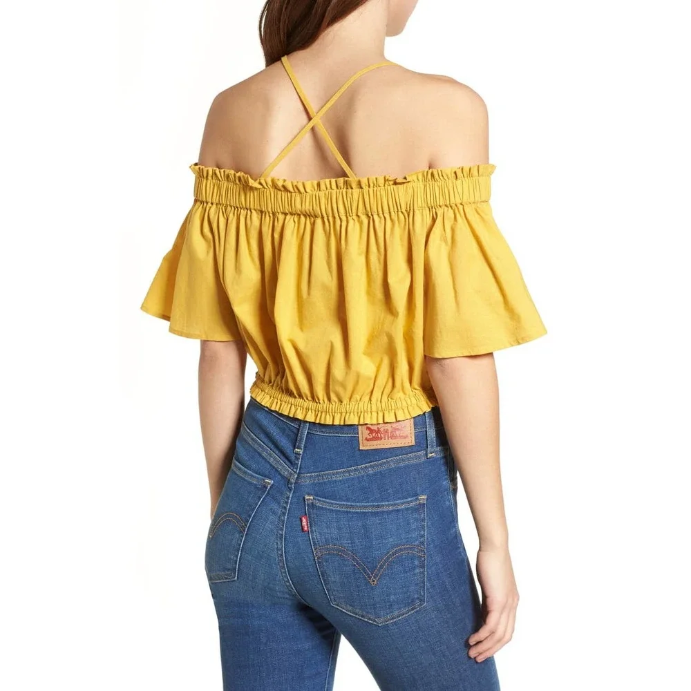 BP • Yellow Ruffle Off The Shoulder Crop Top Sz M - Picture 2 of 8